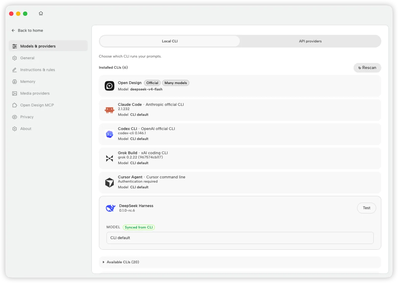 Open Design Models and providers settings showing DeepSeek Harness installed, synced from CLI, and ready to test